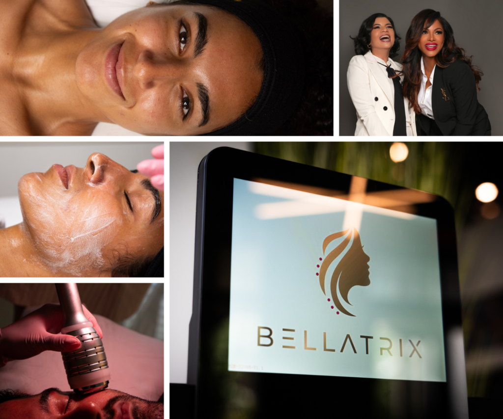 Collage Of Bellatrix Spa Showcasing Skincare Treatments, Two Smiling Women In Professional Attire, Facial Cleansing Procedures, A High-Tech Skincare Device In Use, And The Bellatrix Logo Displayed On A Digital Screen